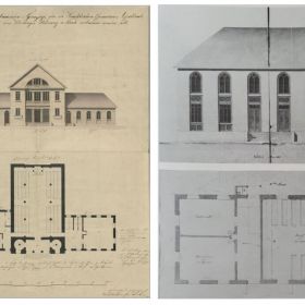  – Links: Erster Entwurf des Weinsberger Oberamtswerkmeisters Bürk von 1845 für den Neubau einer Synagoge in Affaltrach. Staatsarchiv Ludwigsburg F 213 I Bü. 81. Rechts: Sein zweiter Entwurf wurde realisiert; er ist geprägt durch äußere und innere Symmetrie